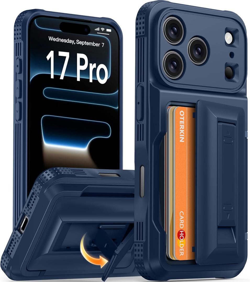 Oterkin for iPhone 17 Pro Case Wallet 4-5 Card Holder, [Kickstand] [RFID Blocking] [Full Camera Protection] [Military Grade Protection] Shockproof Rugged Phone Case for iPhone 17 Pro, Dark Blue