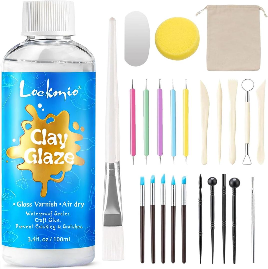 3.4FL OZ Air Dry Clay Glaze & 25pcs Tool Kit, Gloss Clay Varnish Protective Sealant to Prevent Cracking, Scratching & Wear - Pottery Tools for Stippling, Carving, Molding & Shaping Clay Crafts (Gloss)