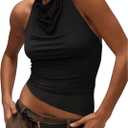 Milumia Women's Draped Neck Halter Tops Open Back Asymmetrical Hem Crop Tank Top