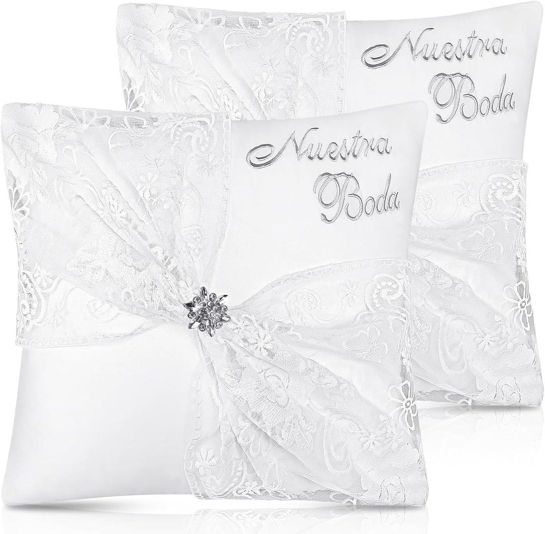 SmoothNovelty Set of 2 Wedding Kneeling Pillows Cover, 17 x 15 Inch Embroidered Nuestra Boda Prayer Kneeling Pillows, Cushion Covers Crystal Flower Satin Lace, Decoration for Bodas(Classic)