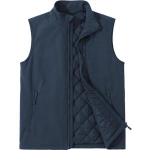ASPO Men's Windproof Warm Golf Vest Outerwear with 6 Pockets Waterproof Winter Softshell Sleeveless Puffer Jacket for Hiking (Large, Navy Blue)