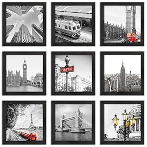 YESKAY 8x8 Picture Frame Set of 9, Photo Gallery Wall Frame Set, Display Pictures 4x4 with Mat or 8 x 8 Without Mat, Square Frame Picture Frames Collage Wall Decor, Black