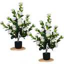 2-Piece Set of 36 inch (Approximately 91 cm) Artificial Camellia Tree with 24 Blooming Flower Plants, Used for Indoor and Outdoor Office Home Porch Decoration (2PCS Including Small Stones)