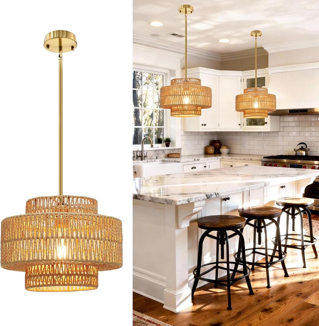12.4 Boho Rattan Chandelier, Hand Woven Pendant Light Fixture, 1-Light Farmhouse Hanging Ceiling Light for Dining Room, Kitchen Island, Bedroom, Living Room, Entryway, Foyer