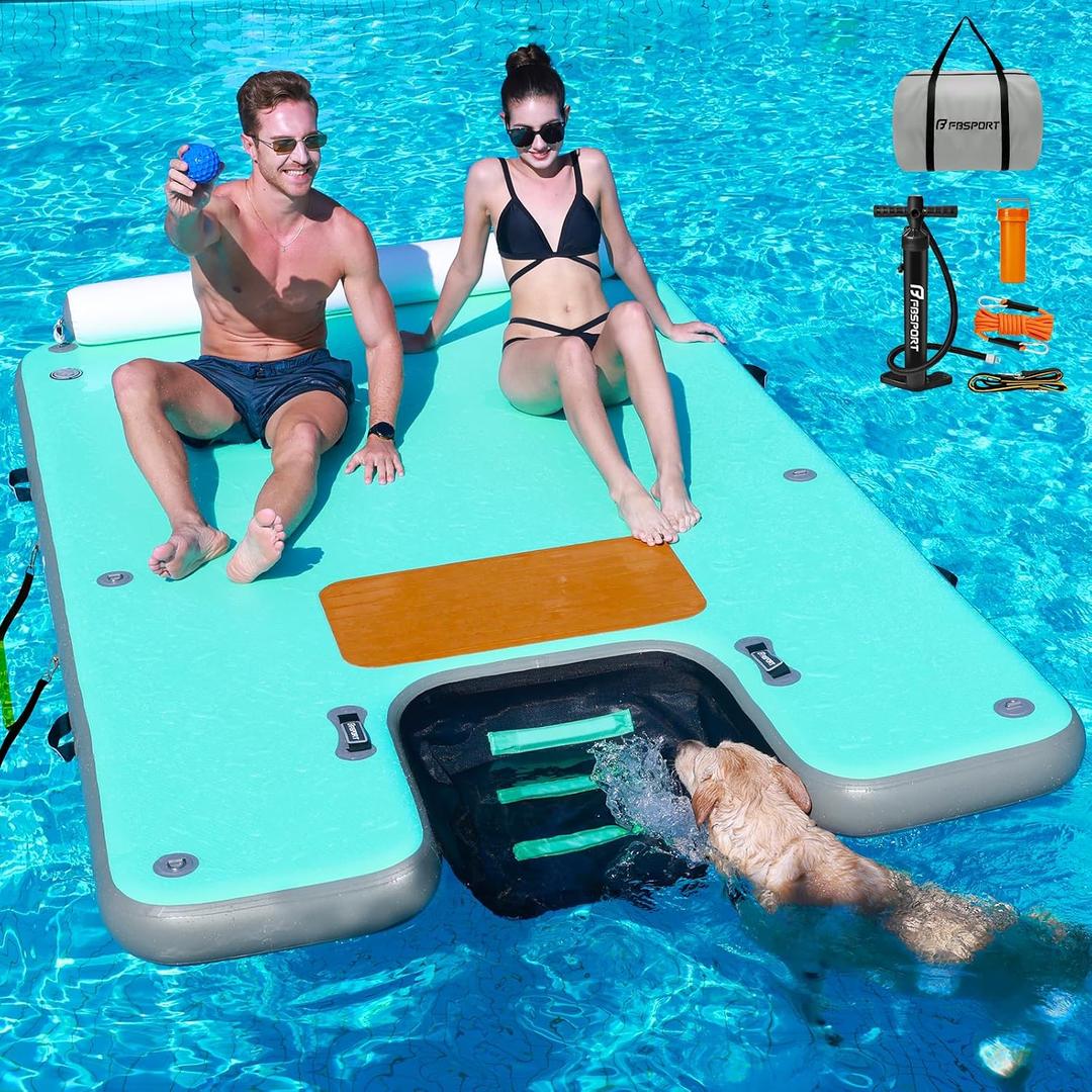 FBSPORT 8FT/10FT Inflatable Floating Dock Platform with Dog Boat Ramp
