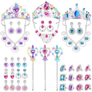 DUDUCOFU Princess Kids Jewelry for Girls Light Up Princess Crowns Wands, 40 Pcs Dress Up Accessories with Necklaces Rings Clip on Earrings for Girls Costumes Jewelry Toys Gift