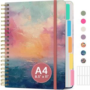 Large Spiral Lined Notebooks for Work with Removable Dividers & Tabs, 8.5"x11" Pretty Hardcover 5 Subject Notebook Journal for Women, College Ruled, Perfect for Study & Office Organization, 280 Pages, Sunset