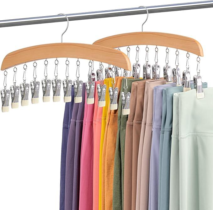 Leggings Hangers, Wooden Closet Hanging Leggings Storage Organizer Scarf Hangers with 24 Clips, 360° Swivel Hook, Burlywood, 2 Pcs