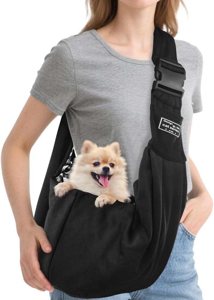 Dog Carrier Sling, Cat Sling Carrier, Small Dog Sling Carriers for 0-15 lbs, Hands Free Puppy Carrier Sling, Crossbody Pet Carrier for Travel, Breathable Pad, Storage Pocket, Tote Design Cat Carrier