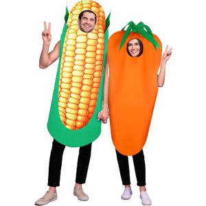 Shihanee 2 Pcs Halloween Corn Cob Costume and Carrot Costume Adult Vegetable Food Fancy Cosplay Couple Dress Suit for Men Women Dress up Party