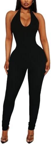 Women's Halter Bodycon Black Jumpsuits - One Piece Backless Leopard Summer Casual Workout Club Pants Rompers Outfits Catsuits, Size S