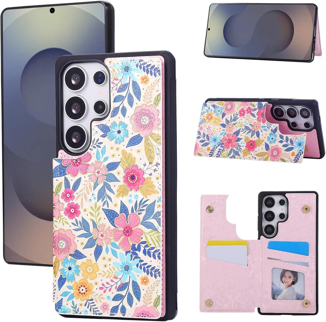UEEBAI Wallet Case for Samsung Galaxy S25 Ultra 5G with Card Holders, PU Leather Floral Cover Kickstand RFID Blocking Double Magnetic Clasp Rilievo Flower Flip Case for Women Girls - Multi-Flower
