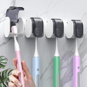 4 Pcs Toothbrush Holders Wall Mounted, Single Slot Design, Shower Self Adhesive Wall Mounted Toothbrush Holder with Cover, Waterproof and Dustproof, Suitable for Bathroom, Family, Travel (Grey)
