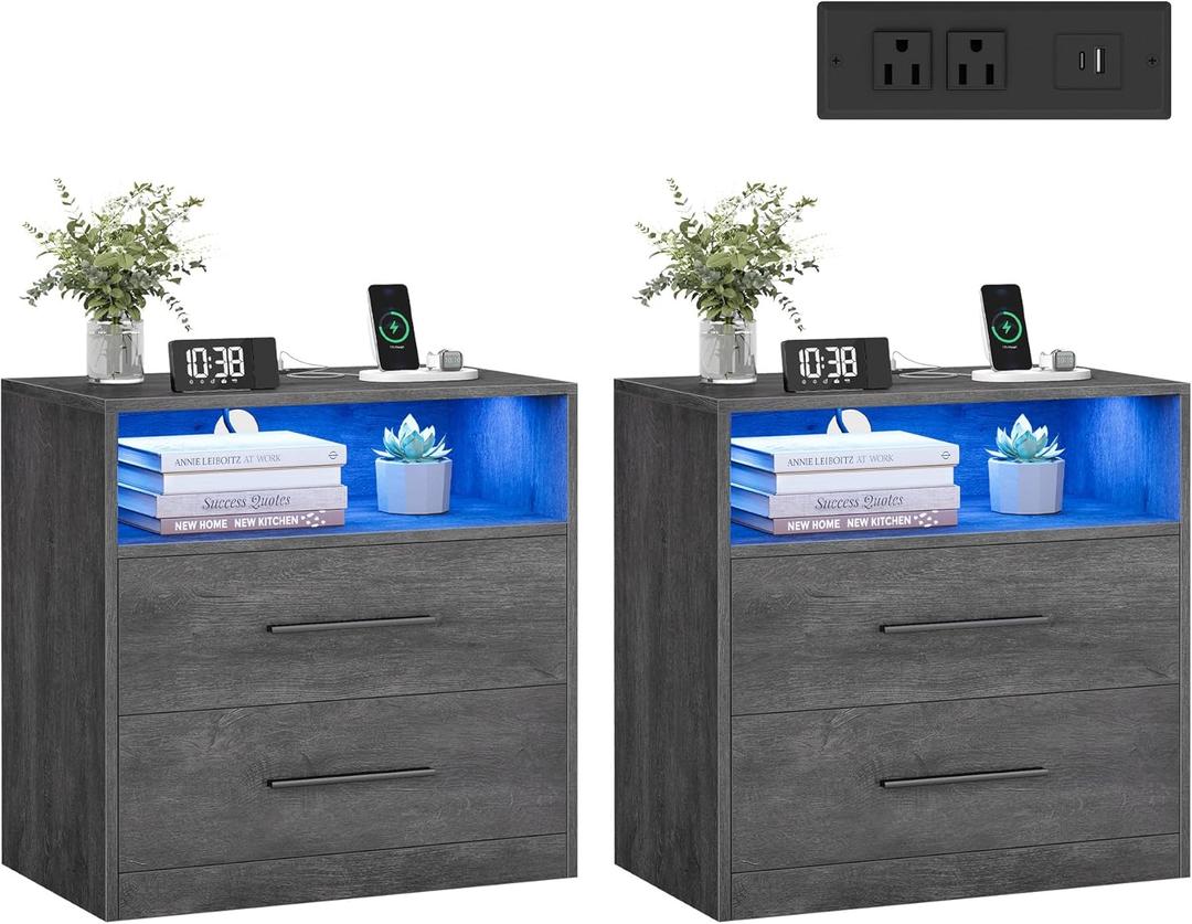 VASAGLE Custos Collection - Set of 2, 23.6 Inch Wide Nightstands with Charging Station, LED Lights, Modern Night Stands, Side End Tables with Drawers, Open Shelf, 2 AC Outlets USB Ports, Misty Gray