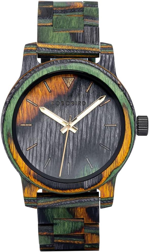 BOBO BIRD Men Wooden Watch Fashion Quartz Analog Wristwatch Colorful Handmade Wooden Watches for Men (Green-Wood)