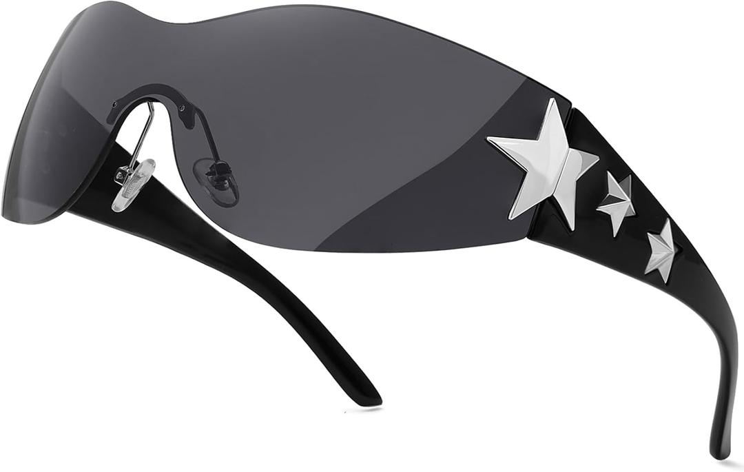 Rimless Y2K Sunglasses Star Wrap Around Glasses 2000S Accessories for Women Men Trendy Fashion Cool Shield Shades (1 Pack, Black/ Black)