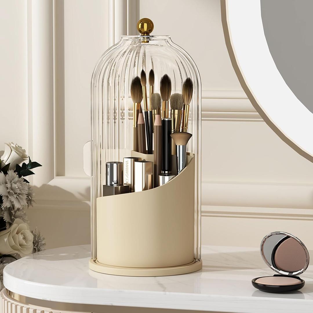 Makeup Brush Holder with Lid 360 Rotating Clear Dustproof Make Up Organizers for Vanity Bathroom Countertop, White Beige