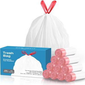 13.2 Gallon Tall Kitchen Drawstring Trash Bags, 200 Count Pre-separated Garbage Bags, Unscented, Leak Proof, Waste Bag for Kitchen, Office, Home