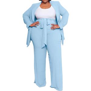IyMoo Plus Size Suits for Women Business Open Front Long Sleeve Blazer Elastic Waist Solid Straight Leg Pant Set Suits, Light Blue, XX-Large Plus