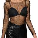Womens Mesh Sheer Top Lace Long Sleeve Layering Top Crewneck Sexy See Through Long Sleeve Blouse (Small)