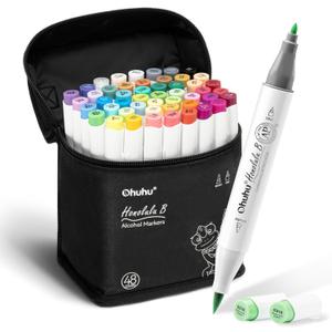 Ohuhu Alcohol Markers Brush and Fine Tip - Alcohol-based Art Sketch Marker Set for Artist Adults Coloring Illustration - 48 Colors - Brush & Fine Dual Tips- Honolulu B - Refillable - AP Certificated