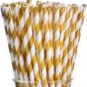ALINK 100 White and Gold Striped Paper Straws, Biodegradable Disposable Drinking Straws for Birthday, Bridal/Baby Shower, Christmas, New Year, Party Decoration Supplies