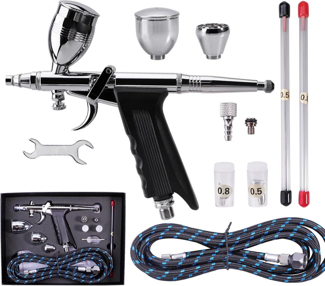 Airbrush Set Single Action Air Brush Pen 0.3mm with Extra 0.5 0.8 mm Needles,Airbrush Hose and 2CC/5CC/13CC Cup Kit