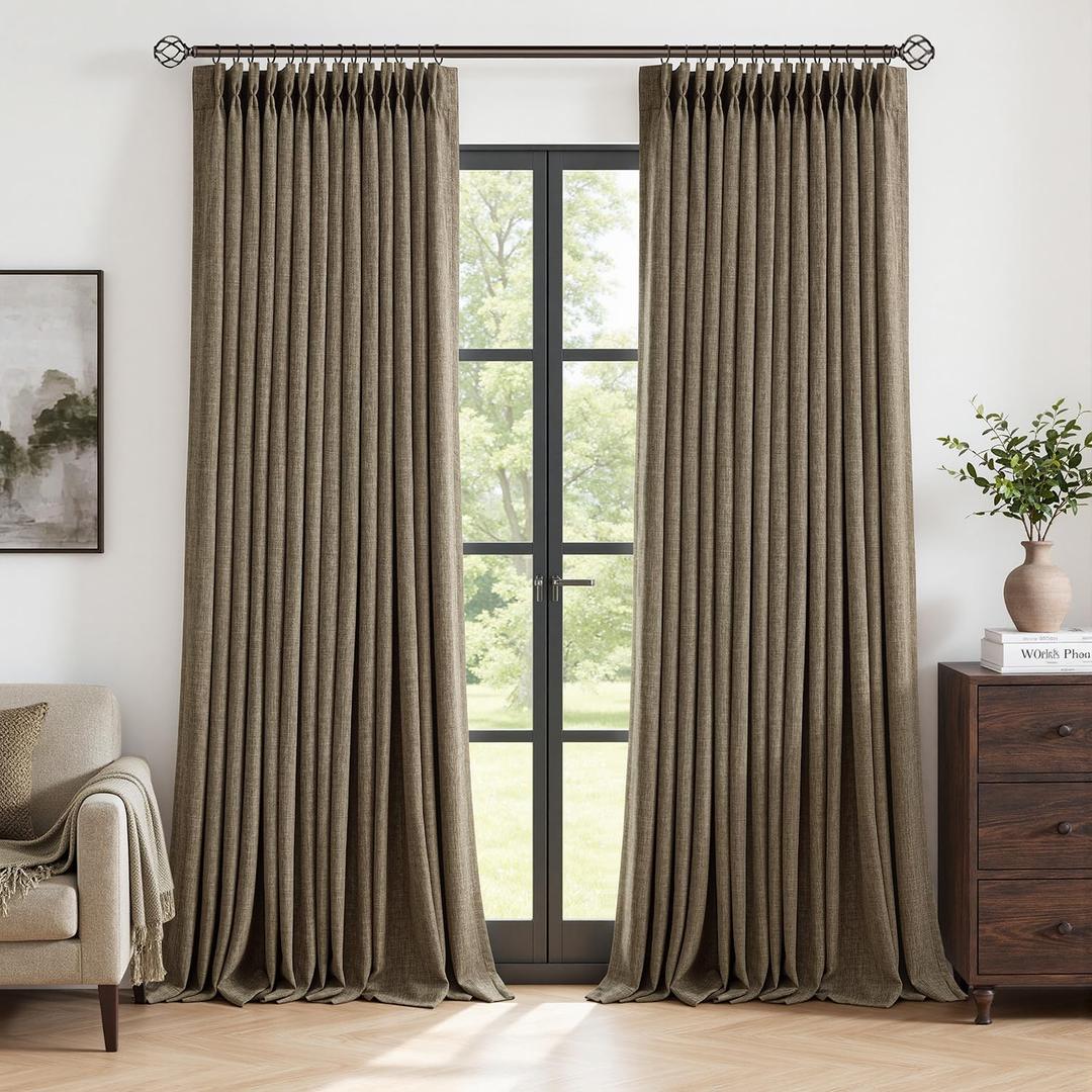 MIULEE 90 Inch Pinch Pleated Blackout Linen Curtains Brown, 2 Panels, 50"W x 90"L