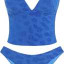 ZAFUL Women's Spaghetti Strap Tankini Swimsuits V Neck Tummy Control Tie Side Thong Bikini Swimsuits 2 Piece Bathing Suits (Blue, S)