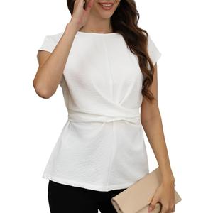 CiCiBird Women Dressy Casual Blouse Work Tie Back Peplum Shirt Trendy Crew Neck Cap Sleeve Tops M