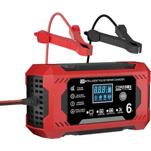 Battery Charger 6-Amp 12V Automatic Smart Battery Trickle Charger, Battery Maintainer Desulfator with Temperature Compensation for Car Truck Motorcycle Lawn Mower Marine (Red)