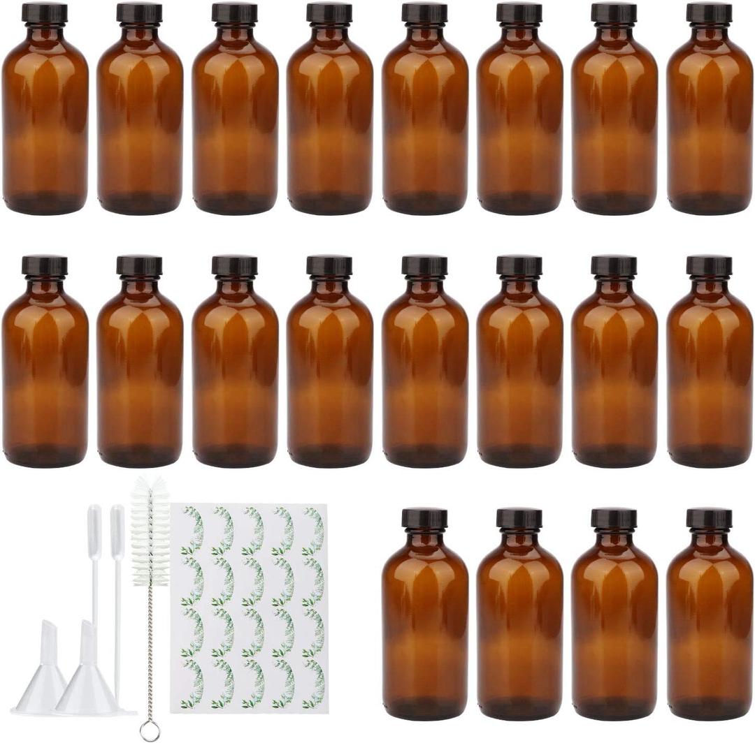 8oz Amber Glass Bottles, 20 Pack Glass Storage Bottles with Black Lids (Brown, 20 Labels, with Funnels, Droppers and Brush)