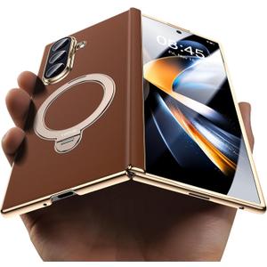 YOOVEI for Galaxy Z Fold 7 Case Luxury Leather with Screen Protector [Hinge Protection],Fit for Magsafe, Magnetic Kickstand & Ring Holder for Samsung Zfold 7 Case Brown
