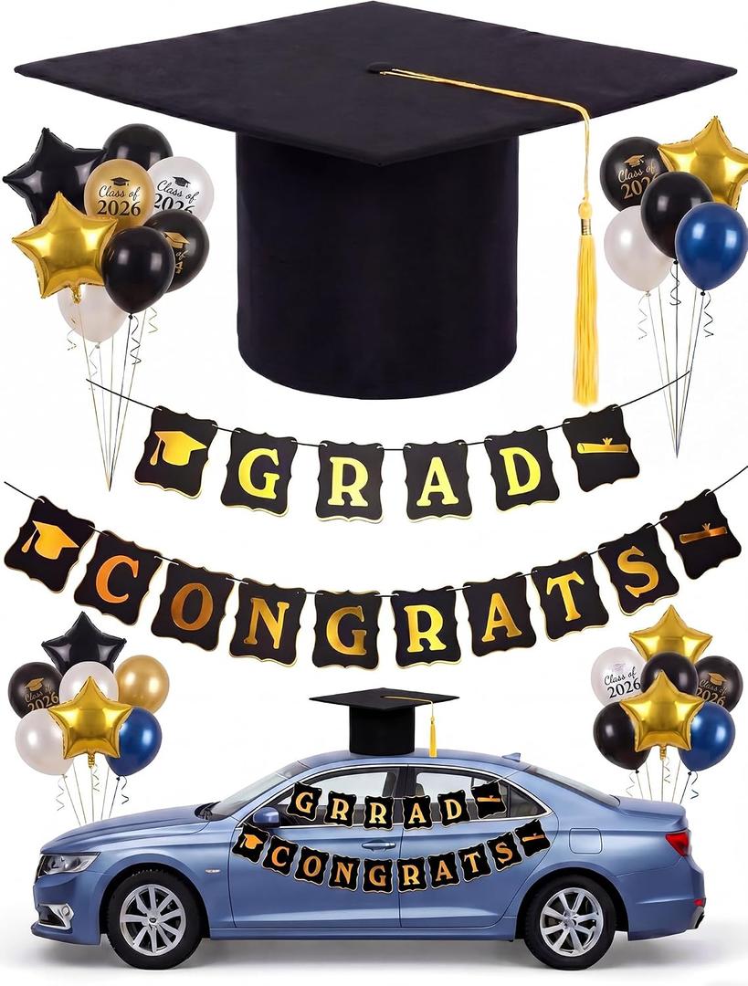 5 Pcs 28 Inch Graduation Car Decorations Large Graduate Cap Car Hat with Tassel Congrats Grad Banner Polyester Foam Base for Senior High School Collage Prom Party Supplies