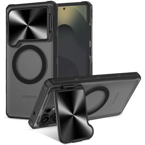 Caka for Samsung Galaxy S25 Ultra Case [Magnetic Charging] [Hidden Camera Stand] [Full Lens Cover] [Heavy Duty Protection] Translucent Hard Rugged Shockproof Magnet Phone Cover - Black 2 Pack