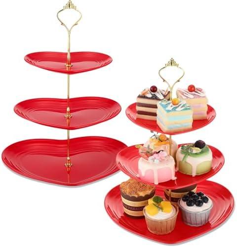Layhit 2 Pack Valentine's Day 3 Tier Cupcake Stand Heart Shaped 3 Tiered Serving Trays for Party Plastic Tray Dessert Cupcake Stand for Tea Party Baby Shower Wedding(Red)