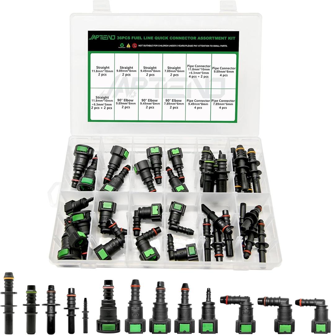 36pcs Fuel Line Quick Connect Assortment Kit, 13 Sizes Fuel Line Repair Kit Straight Elbow Pipe Connector Fittings SAE 6.3mm to 11.8mm