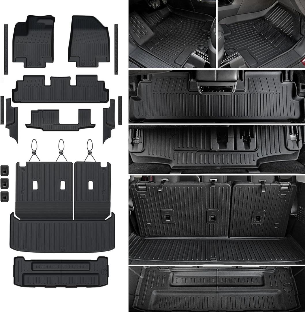 Floor Mats Cargo Mat Set for 2022-2025 Nissan Pathfinder 7/8 Seats Car Mat Accessories, All Weather TPE Cargo Liner Backrest Mat Trunk Lower Mat Door Sill Protectors(Floor Mats Set)