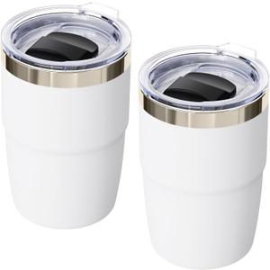 8 oz Small Coffee Cup with Magnetic Lid, Ceramic-Lined 18/8 Stainless Steel, Double-Wall Vacuum Insulated, Stackable, Dishwasher Safe, Mini Tumbler for On-the-Go, 2 Pack, White