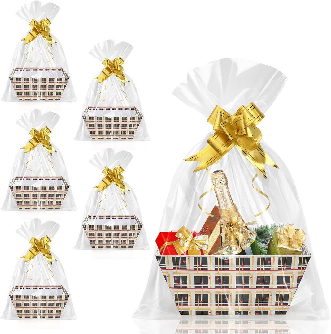 DEAYOU 6 Pack Baskets for Gifts Empty, 10" x 8" Sturdy Cardboard Market Tray with Handle, Paper Gift Baskets Kit To Fill with Wrap Bags and Gold Pull Bows for Easter, Christmas, Birthday, Black Plaid