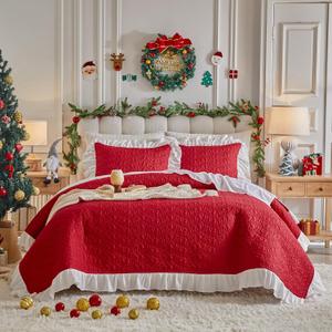 Christmas Quilt Set Ruffled Quilt Set King Size - 3 Pieces Red Shabby Chic Farmhouse with White Ruffle Bedding Holiday Style Oversized Bedspread with Shams for New Year (King-96*108)