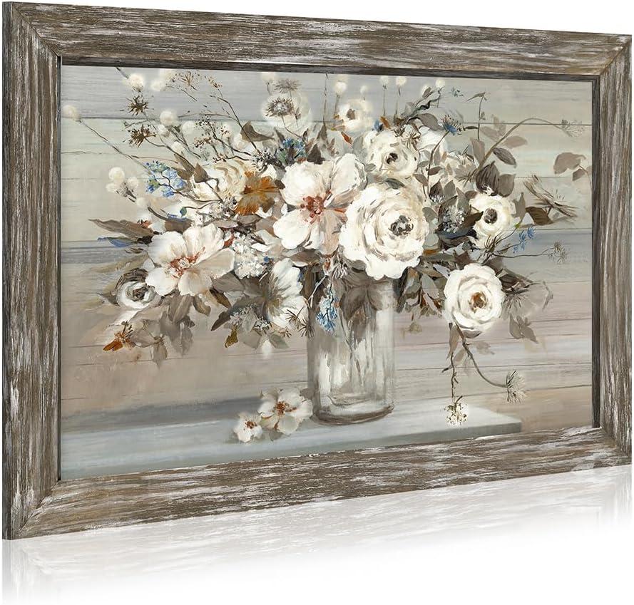 Floral Bouquet Wooden Framed Picture: Vintage Botanical Flowers in Crystal Vase Wall Art Artwork Print Rustic Abstract Nature Plant Painting for Living Room Bedroom Farmhouse (24"L x 16"W)
