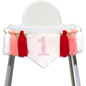 1st Birthday Pink High Chair Banner - Strawberry Watermelon Cherry Theme First Birthday Party Decoration Supplies Banner, Boho Tassels High Chair Garland, Pink Red and White Sign Tassels Garland