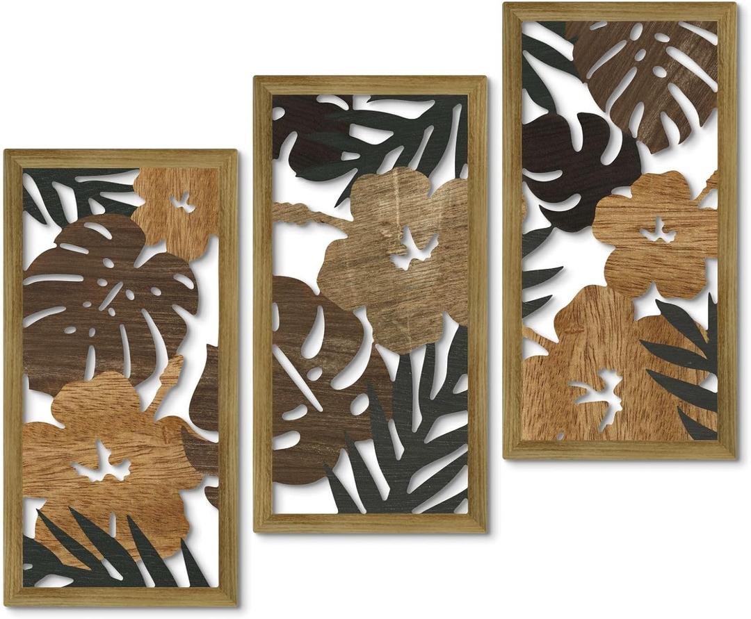 Putuo Decor Tropical Floral Wall Art, Set of 3 Plant Wall Decor, Rustic Monstera Leaves Nature-Inspired Aesthetic Boho Palm Leaf Wall Art for Living Room Bedroom Entryway (Auburn)