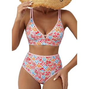 Herseas Women's 2 Piece Floral Print Bikini Sets V Neck Stitch Swimsuits High Waisted Bathing Suit Beach Summer Swimwear (L)