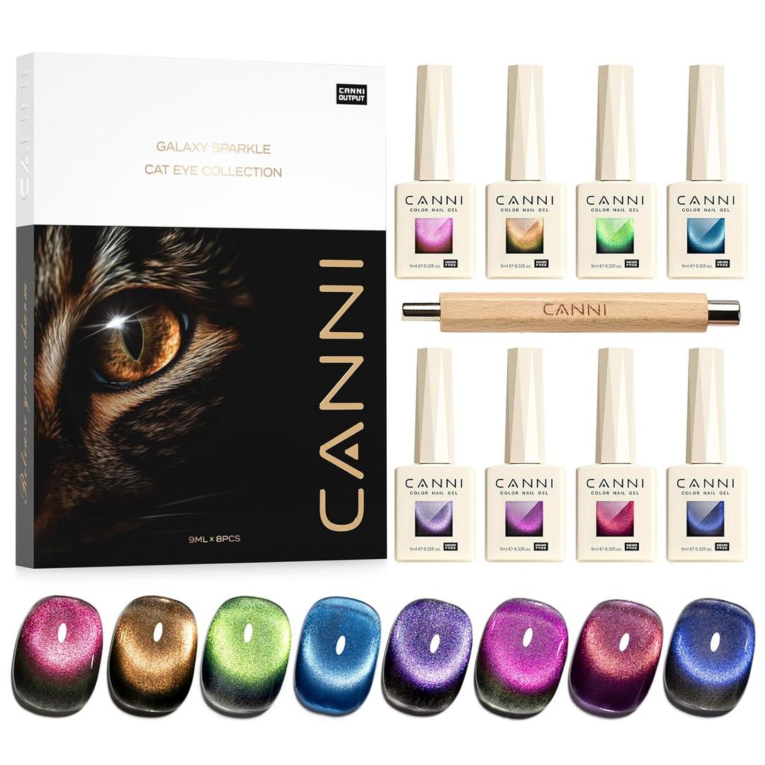 CANNI 8 Pcs 9 ML Cat Eye Gel Nail Polish Set, Red Purple Pink Blue Green Glitter Rainbow Holographic Cat Eye Gel Polish Kit with Magnet Colors Nail Art Manicure Salon DIY Gifts