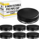 6 Pack 8 Inch Flexible PVC Pipe Cap with Stainless Steel Clamps - Black Durable End Caps for Drainage, Wastewater & Vent Pipes, Above/below Ground Use