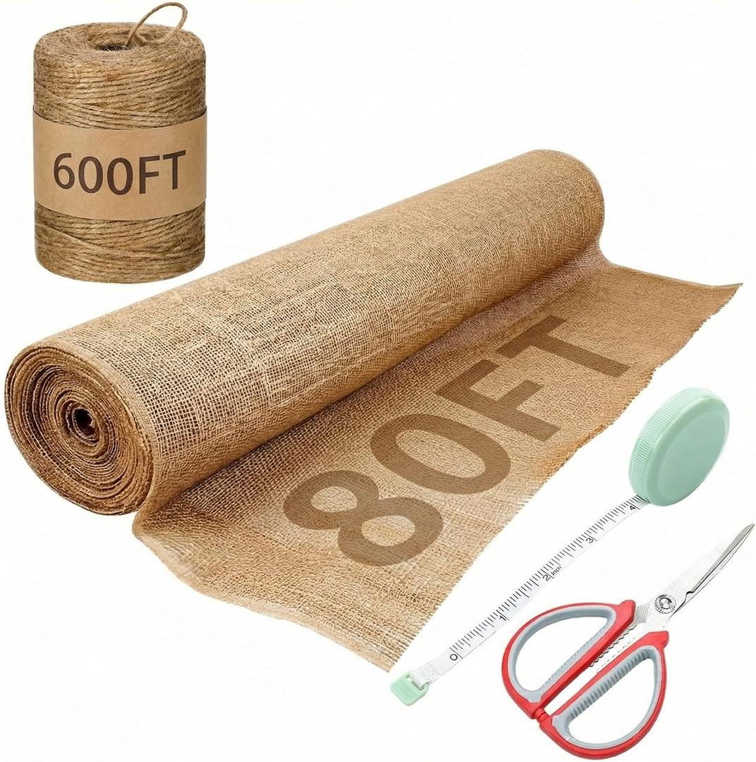 Tegeme 40 Inch x 80 ft Burlap Fabrics Roll with 600 ft Natural Jute Twine Rope Burlap Tree Wraps Protector Winter Frost Plant Blankets Cloth Weed Barrier for Outdoor Garden DIY Craft Party