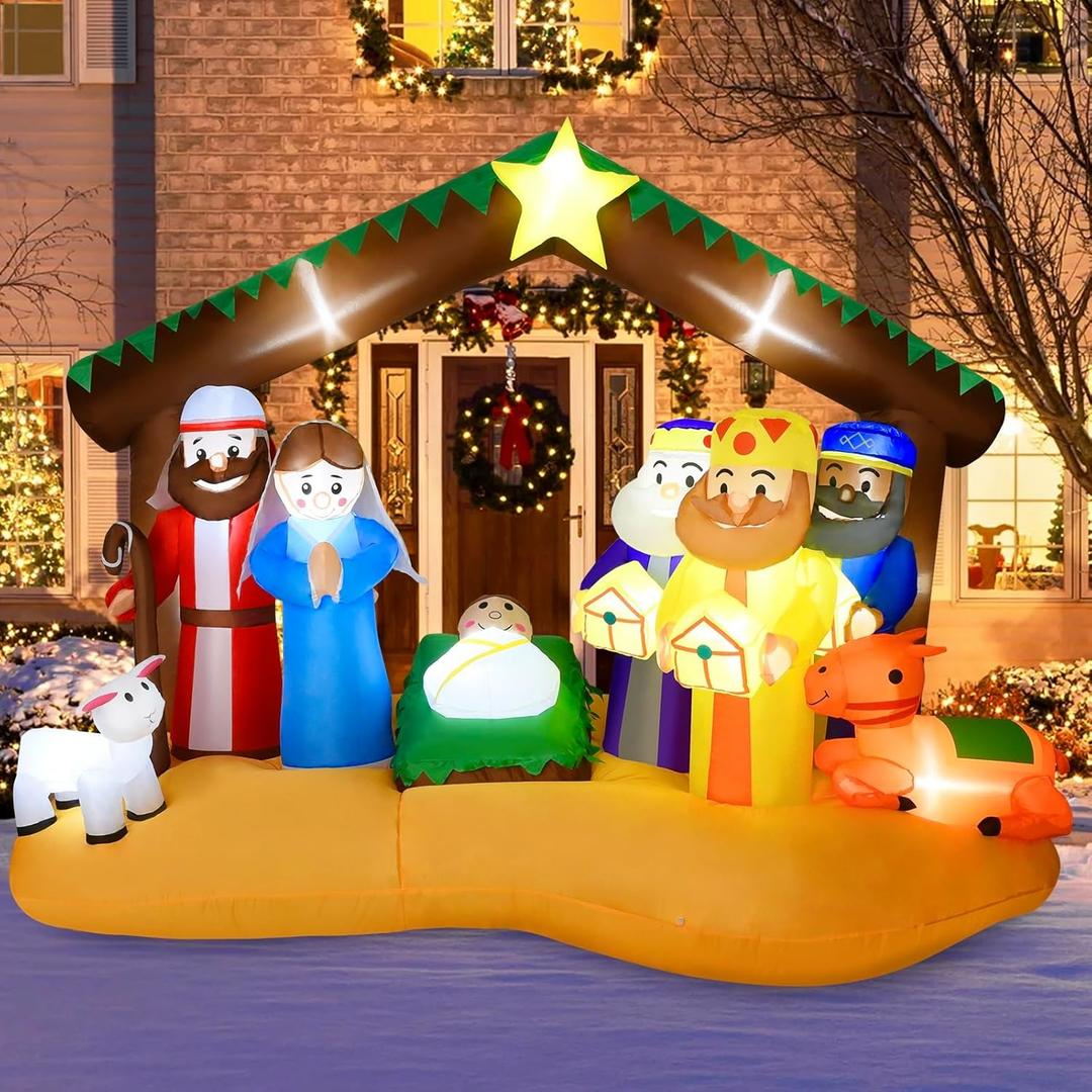 8FT Christmas Inflatables Nativity Scene Outdoor Decorations with LED Lights, Large Nativity Set, Blow Up Christmas Inflatable Decorations for Xmas Party Lawn