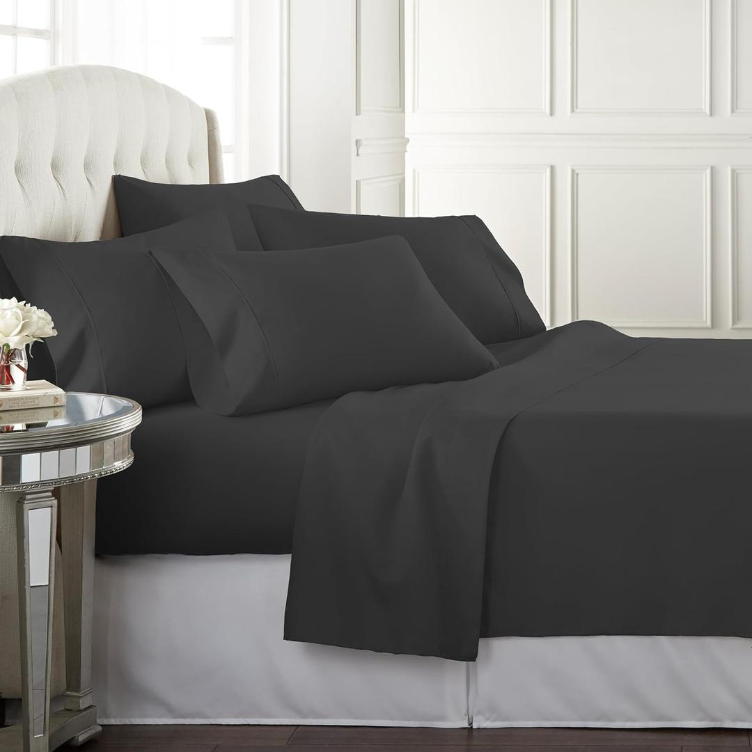 Danjor Linens Bed Sheet Set King Size for Hot Sleepers, Hotel Premium Sheets with 4 Pillowcases, Lightweight Brushed Microfiber Deep Pockets, Breathable Cooling 6 Piece Bedding Sets, Black